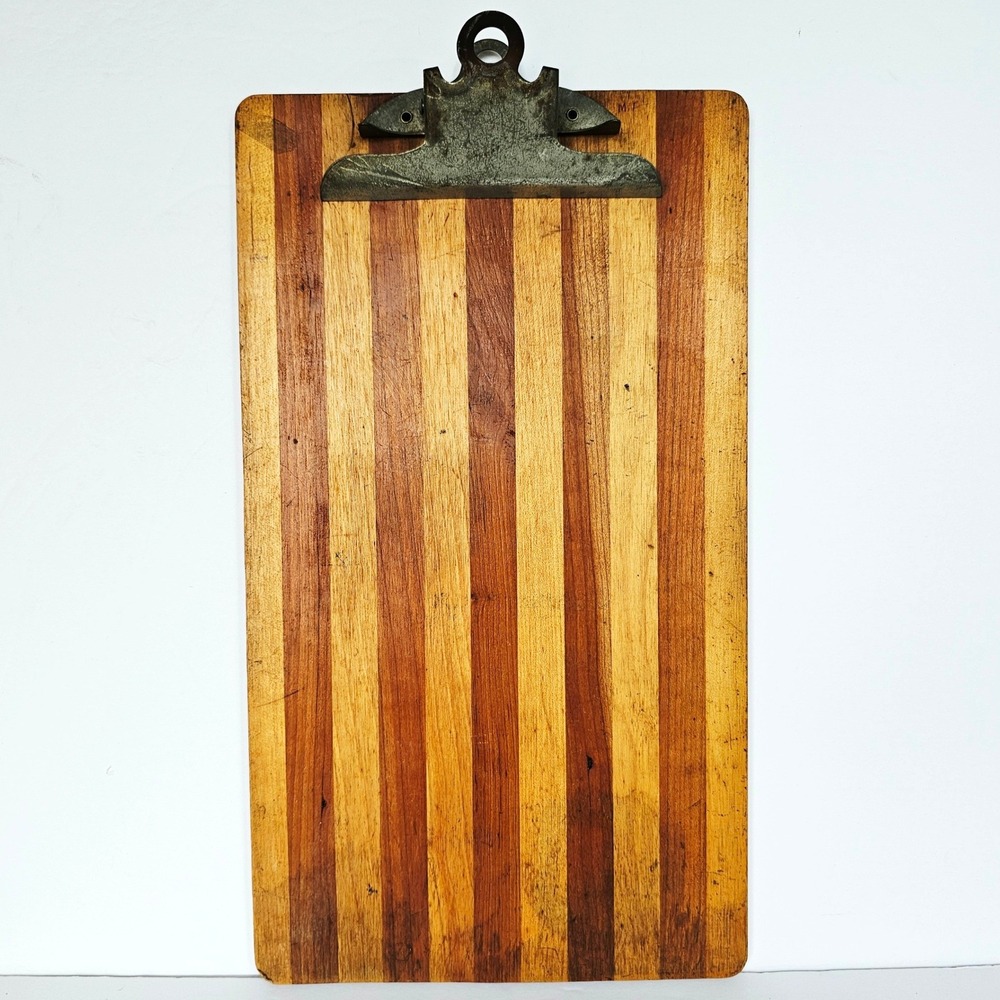 Vintage Wooden Clipboard Vertical Striped Pattern Industrial Metal Clip Rustic
